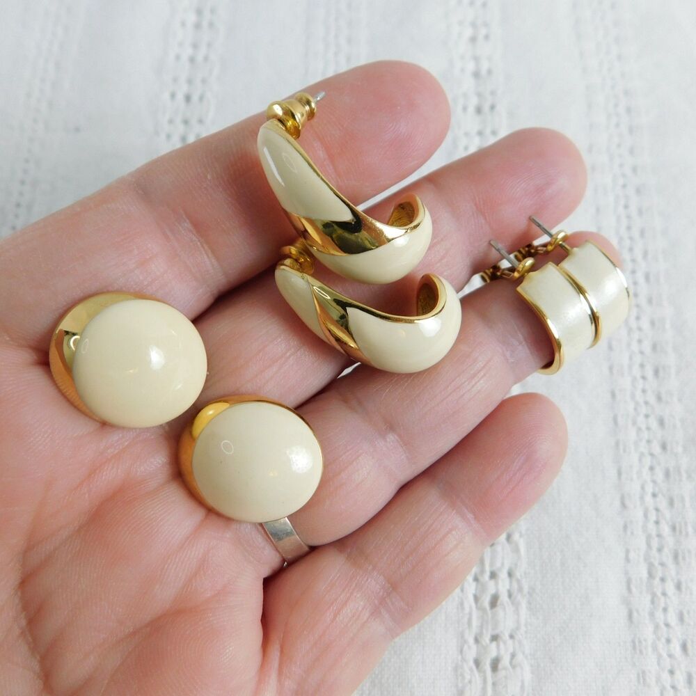 Monet Earrings Lot of 3 Pairs Pierced, Cream and Gold-tone Enamel Vintage EUC